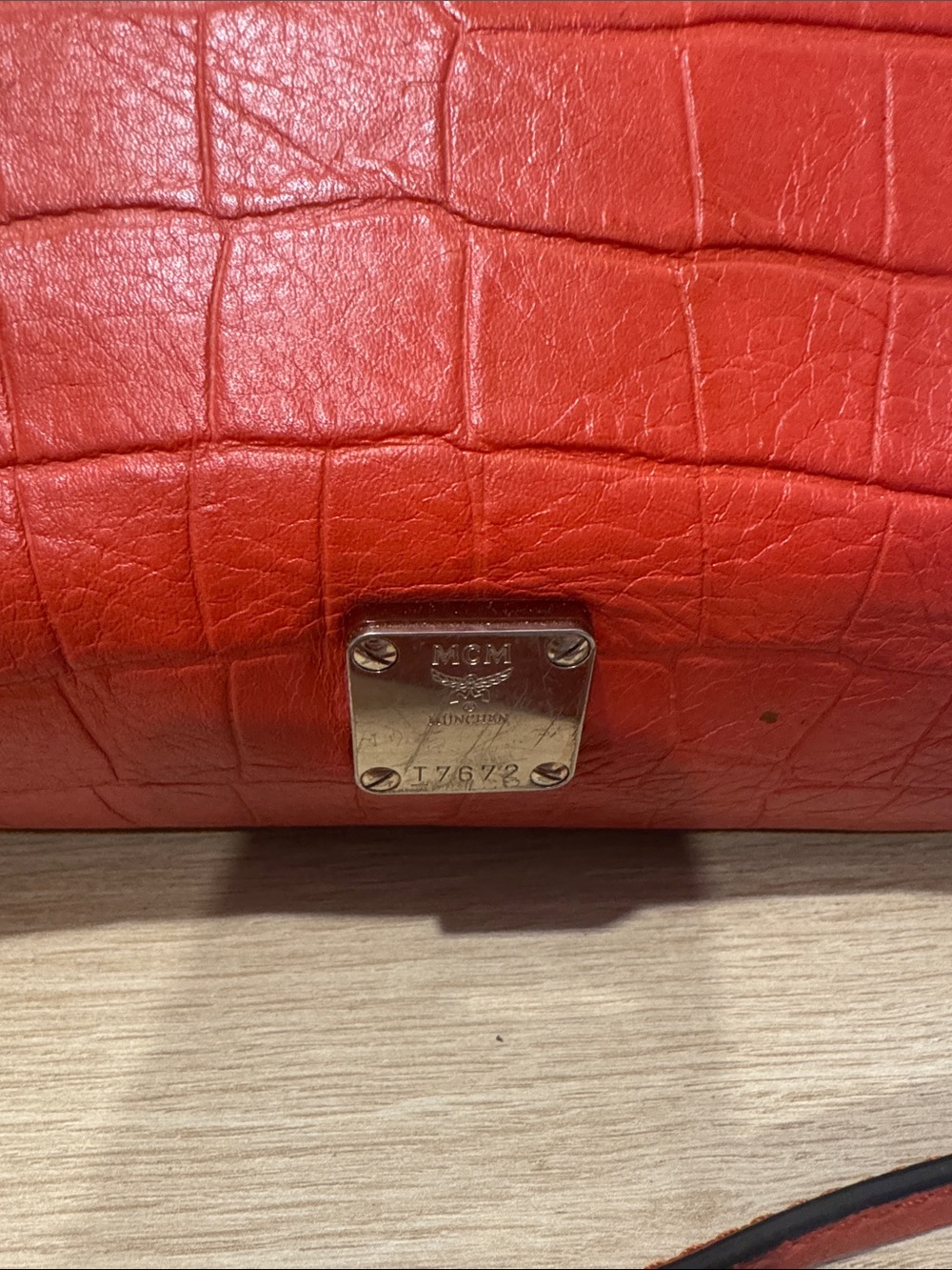 MCM Red Croc-Embossed Leather Satchel Bag - Picture 4 of 6
